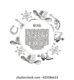 Western hand draw sketch vector set. Western background.  Cowboy,  boots, hat, horseshoe, star, colt