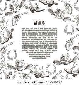 Western hand draw sketch vector frame. Western background.  Cowboy,  boots, hat, horseshoe, star, colt