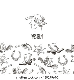 Western hand draw sketch vector banner. Western background.  Cowboy,  boots, 	hat, horseshoe, star, colt