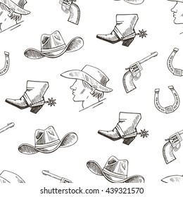 Dibujo manual occidental, vector patrón sin fisuras. Antecedentes occidentales.  Vaquero, botas, sombrero, herradura, colmo