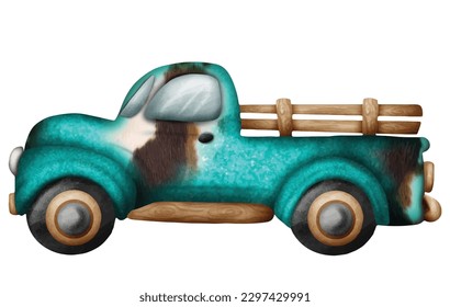 Western Harvest Truck Watercolor Vector ,cute cartoon vintage style.