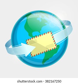 Western hemisphere of globe, envelope par avion and arrow around terrestrial globe. Airmail delivery throughout the world