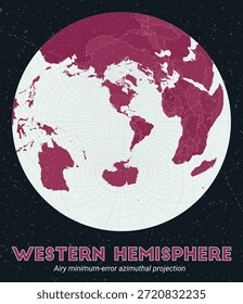 Westliche Hemisphäre. Weltkarte. Luftförmige azimutale Projektion mit minimalem Fehler zentriert auf die westliche Hemisphäre. Pale Mint Dunkelrosa Palette. Vintage-Textur. Klassische Vektorgrafik.