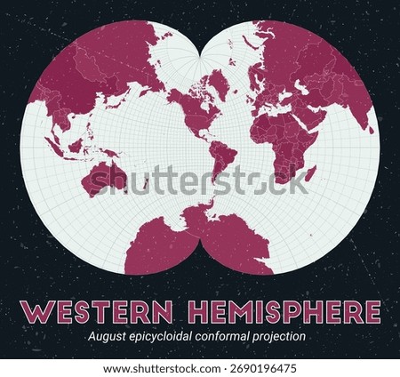 Western Hemisphere. World map. August epicycloidal conformal projection centered to Western Hemisphere. Pale Mint Dark Pink palette. Vintage texture. Alive vector illustration.