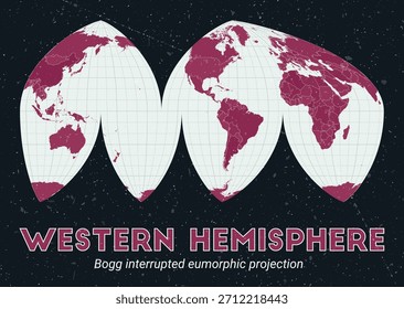 Hemisferio Occidental. Mapa mundial. Bogg interrumpió la proyección eumórfica centrada en el hemisferio occidental. Pale Mint Dark Pink. Textura de Antiguas. Ilustración vectorial creativa.
