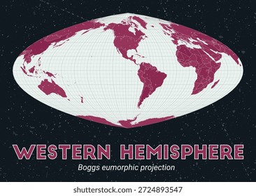 Hemisferio Occidental. Mapa mundial. Proyección eufórica de Boggs centrada en el hemisferio occidental. Pale Mint Dark Pink. Textura de Antiguas. Ilustración vectorial atractiva.