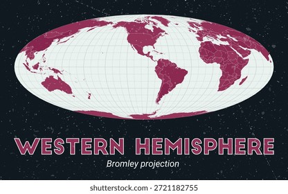 Hemisferio Occidental. Mapa mundial. Proyección de Bromley centrada en el hemisferio occidental. Pale Mint Dark Pink. Textura de Antiguas. Elegante Ilustración vectorial.