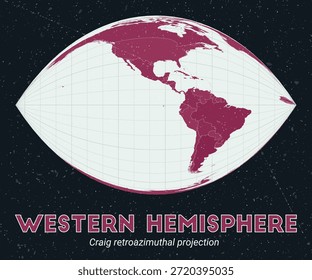 Hemisferio Occidental. Mapa mundial. Proyección retroazimutal de Craig centrada en el hemisferio occidental. Pale Mint Dark Pink. Textura de Antiguas. Ilustración vectorial viva.