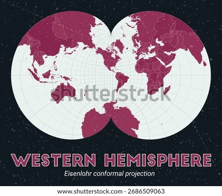 Western Hemisphere. World map. Eisenlohr conformal projection centered to Western Hemisphere. Pale Mint Dark Pink palette. Vintage texture. Trending vector illustration.