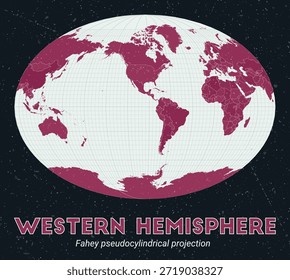 Hemisferio Occidental. Mapa mundial. Proyección pseudocilíndrica de Fahey centrada en el hemisferio occidental. Pale Mint Dark Pink. Textura de Antiguas. Ilustración vectorial Auténtica.