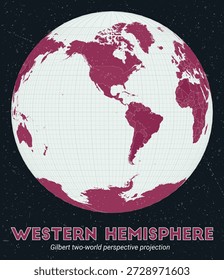 Hemisferio Occidental. Mapa mundial. Proyección de la perspectiva de dos mundos de Gilbert centrada en el hemisferio occidental. Pale Mint Dark Pink. Textura de Antiguas. Ilustración vectorial viva.