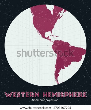 Western Hemisphere. World map. Gnomonic projection centered to Western Hemisphere. Pale Mint Dark Pink palette. Vintage texture. Classy vector illustration.