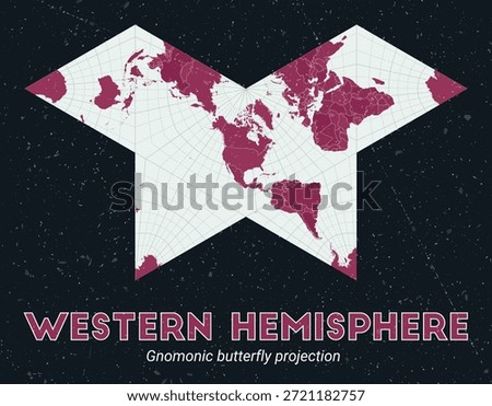 Western Hemisphere. World map. Gnomonic butterfly projection centered to Western Hemisphere. Pale Mint Dark Pink palette. Vintage texture. Trending vector illustration.