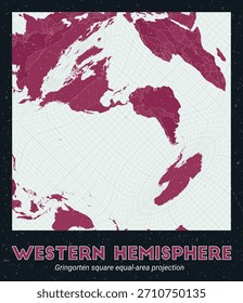 Hemisferio Occidental. Mapa mundial. Proyección cuadrada de igual área de Gringorten centrada en el hemisferio occidental. Pale Mint Dark Pink. Textura de Antiguas. Ilustración vectorial artística.