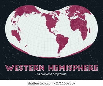 Hemisferio Occidental. Mapa mundial. Proyección eucíclica de Hill centrada en el hemisferio occidental. Pale Mint Dark Pink. Textura de Antiguas. Ilustración vectorial vibrante.