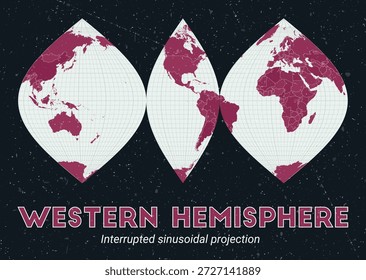 Hemisferio Occidental. Mapa mundial. Proyección sinusoidal interrumpida centrada en el hemisferio occidental. Pale Mint Dark Pink. Textura de Antiguas. Ilustración vectorial artística.