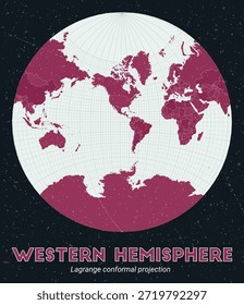 Hemisferio Occidental. Mapa mundial. Proyección conforme de Lagrange centrada en el hemisferio occidental. Pale Mint Dark Pink. Textura de Antiguas. Ilustración vectorial con estilo.