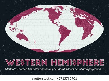 Hemisfério Ocidental. Mapa do mundo. Projeção parabólica plana-polar de área igual parabólica de McBryde-Thomas centrada no Hemisfério Ocidental. Paleta de menta pálida rosa escuro. Textura vintage.
