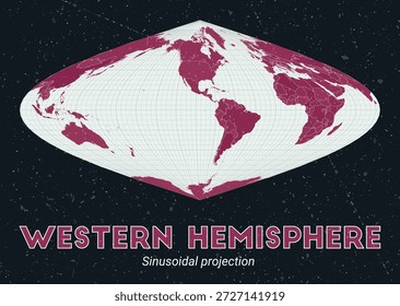 Hemisferio Occidental. Mapa mundial. Proyección sinusoidal centrada en el hemisferio occidental. Pale Mint Dark Pink. Textura de Antiguas. Ilustración vectorial viva.