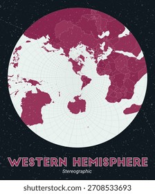 Hemisferio Occidental. Mapa mundial. Estereográfico centrado en el hemisferio occidental. Pale Mint Dark Pink. Textura de Antiguas. Ilustración vectorial ordenada.