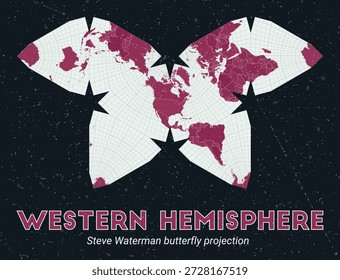 Hemisferio Occidental. Mapa mundial. Proyección de la mariposa de Steve Waterman centrada en el hemisferio occidental. Pale Mint Dark Pink. Textura de Antiguas. Una Ilustración vectorial increíble.
