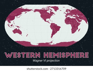 Hemisferio Occidental. Mapa mundial. Proyección de Wagner VI centrada en el hemisferio occidental. Pale Mint Dark Pink. Textura de Antiguas. Ilustración vectorial creativa.