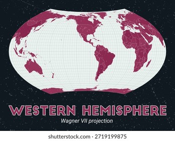 Hemisfério Ocidental. Mapa do mundo. Projeção de Wagner VII centrada no Hemisfério Ocidental. Paleta de menta pálida rosa escuro. Textura vintage. Bela ilustração vetorial.