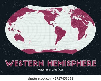 Hemisferio Occidental. Mapa mundial. Proyección de Wagner centrada en el hemisferio occidental. Pale Mint Dark Pink. Textura de Antiguas. Ilustración vectorial vibrante.