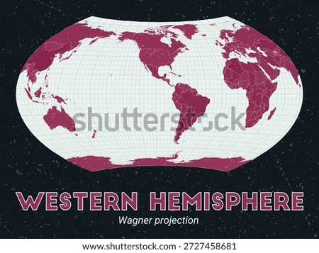 Western Hemisphere. World map. Wagner projection centered to Western Hemisphere. Pale Mint Dark Pink palette. Vintage texture. Vibrant vector illustration.