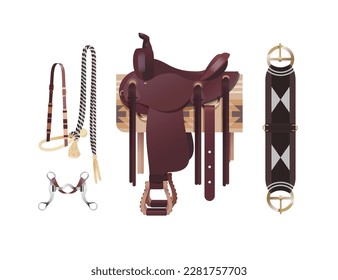 Western horse harness, dark brown cowboy saddle with blanket, cinch, bosal bridle and curb bit