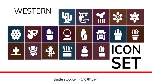 western icon set. 19 filled western icons.  Simple modern icons about  - Cactus, Revolver, Cowboy, Pistol, Indian, Sheriff