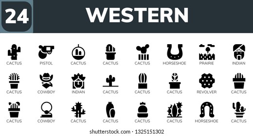 western icon set. 24 filled western icons.  Collection Of - Cactus, Pistol, Horseshoe, Prairie, Indian, Cowboy, Revolver