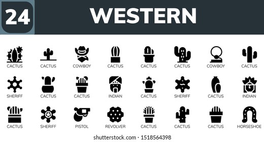 Western Icon Set. 24 Filled Western Icons.  Simple Modern Icons About  - Cactus, Cowboy, Sheriff, Indian, Pistol, Revolver, Horseshoe