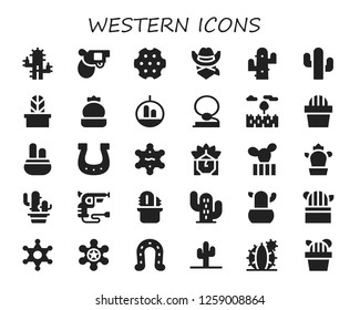  western icon set. 30 filled western icons. Simple modern icons about  - Cactus, Pistol, Revolver, Cowboy, Prairie, Horseshoe, Sheriff, Indian