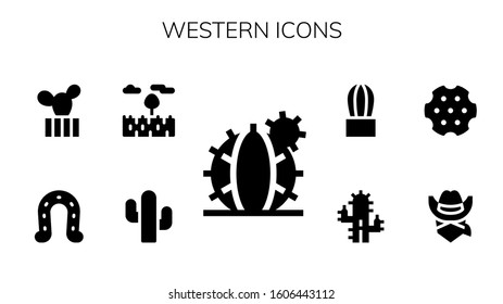western icon set. 9 filled western icons.  Simple modern icons such as: Cactus, Prairie, Horseshoe, Cowboy, Revolver