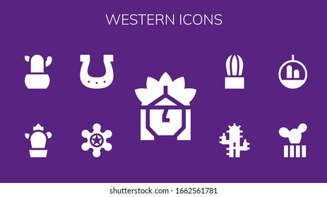 western icon set. 9 filled western icons.  Simple modern icons such as: Indian, Sheriff, Horseshoe, Cactus