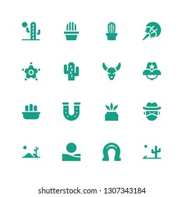 western icon set. Collection of 16 filled western icons included Desert, Horseshoe, Cowboy, Cactus, Cowboy hat, Bull skull, Sheriff