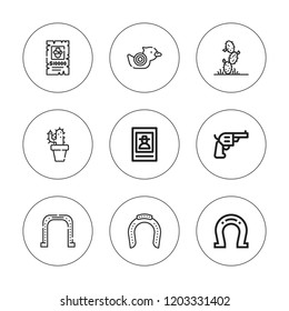 Western icon set. collection of 9 outline western icons with cactus, horseshoe, pistol, shoot duck icons. editable icons.