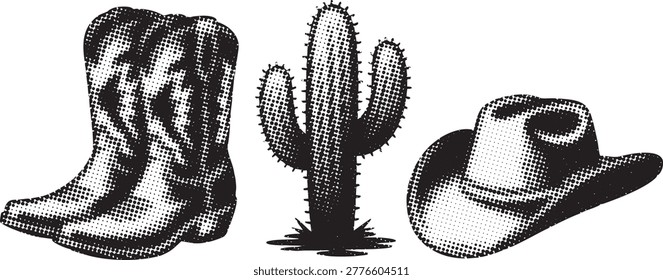 Western icons set including cowboy boots cactus and hat rendered in artistic halftone texture for country design.