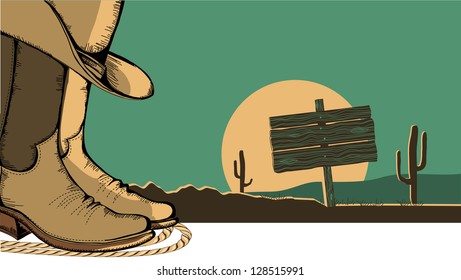 Western illustration with cowboy shoes and desert landscape for design