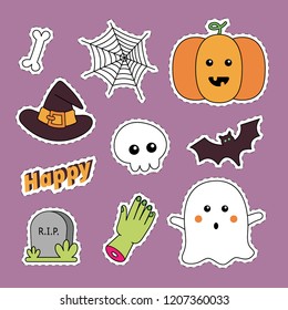 western illustration. set of stickers. happy halloween bone, cobweb, pumpkin, hat, skull, bat, grave, hand, ghost
