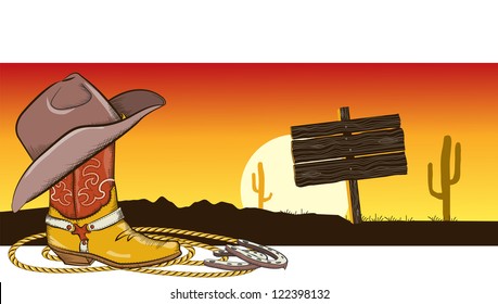 Western image with cowboy clothes and desert landscape for design