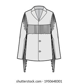 Western jacket technical fashion illustration with fringe, oversized, long sleeves, notched collar, button opening, yoke. Flat coat template front, grey color style. Women, men, unisex top CAD mockup