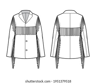 Western jacket technical fashion illustration with fringe, oversized, long sleeves, notched collar, button opening, yoke. Flat coat template front, back, white color style. Women, men, top CAD mockup