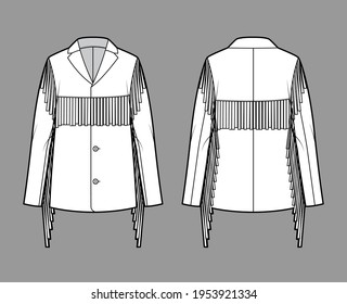Western jacket technical fashion illustration with fringe, oversized, long sleeves, notched collar, button opening, yoke. Flat coat template front, back, white color style. Women, men, top CAD mockup