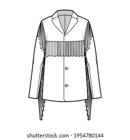 Western jacket technical fashion illustration with fringe, oversized, long sleeves, notched collar, button opening, yoke. Flat coat template front, white color style. Women, men, unisex top CAD mockup