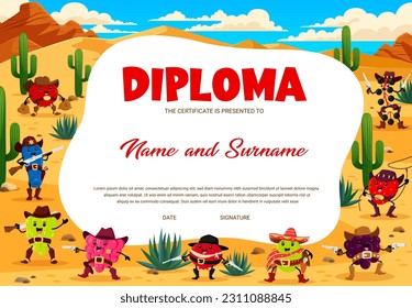 Western kids diploma, cartoon berry cowboy, sheriff, ranger and bandit characters. Education vector certificate with cranberry, honeyberry, grapes and strawberry. Raspberry, blackberry, gooseberry