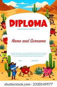 Western kids diploma, cartoon berry cowboy, sheriff,ranger and bandit characters. Vector Education school certificate with cherry, rosehip, honeyberry, grapes and raspberry, burberry or gooseberry