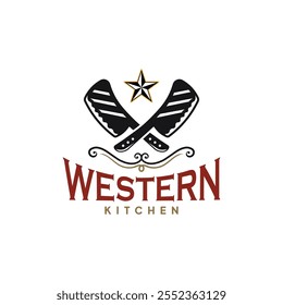 Western Kitchen Vintage Logo Template, With Two Knives and Star Concept