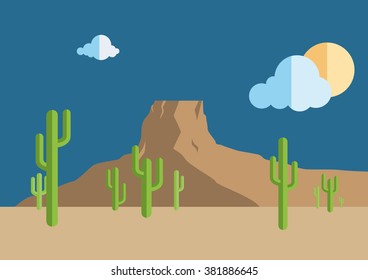 Western landscape with cacti and a rock